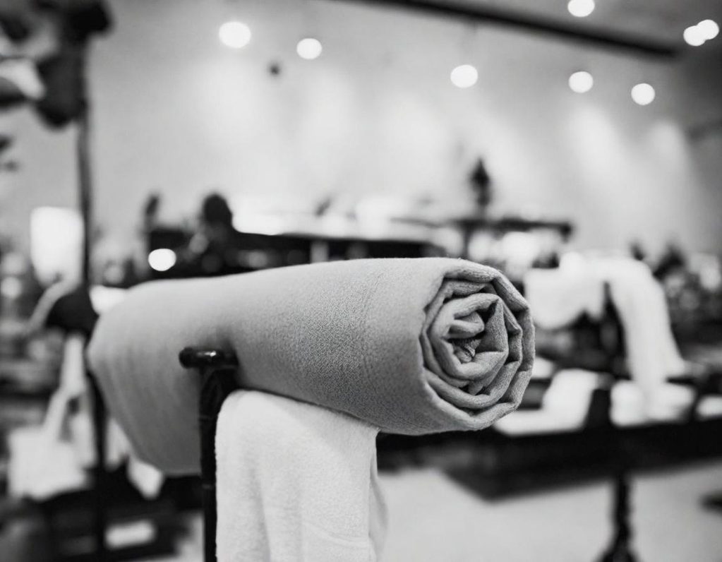 Gerolltes Handtuch auf einem Ständer in einem hell erleuchteten Event Raum.