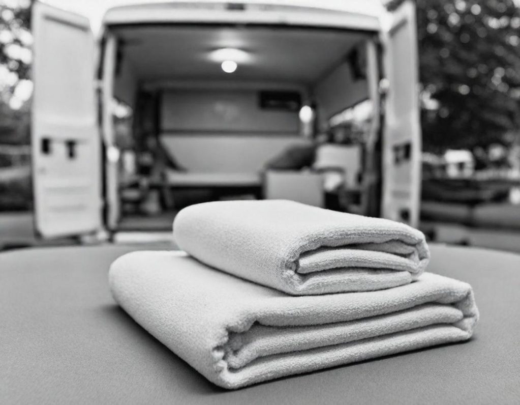 Gestapelte Handtücher auf einem Tisch, im Hintergrund ein Transporter.